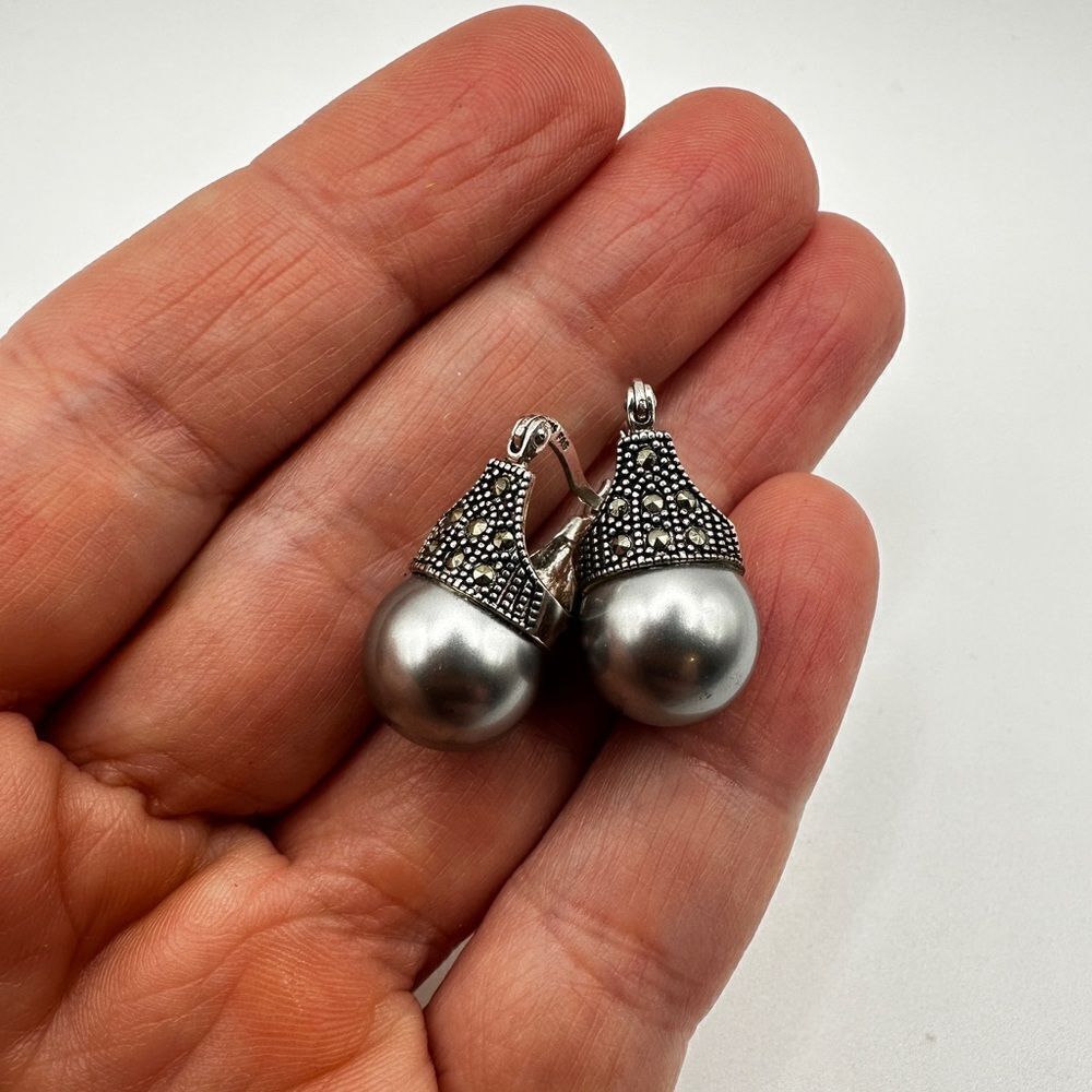 Sterling silver marked, faux pearl and marcasite “huggie” earrings!